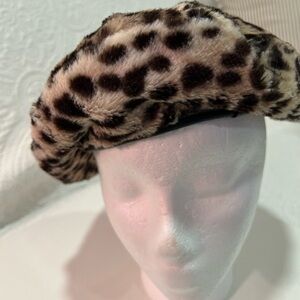 Faux Fur Leopard Print Beret - Taupe Leopard